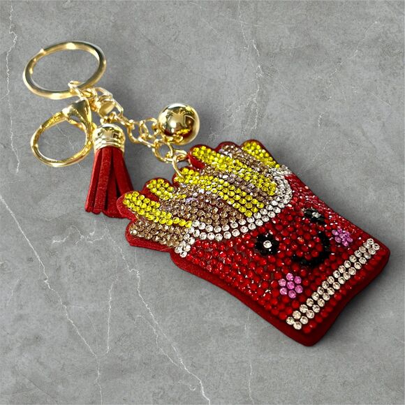 Chic French Fries Keychain, featuring sparkling rhinestones and a red tassel - Picture 3 of 5